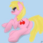  absurd_res anus blonde_hair blush butt cherry_berry cutie_mark equine female feral fur grey_eyes hair hi_res horse lying majikplant420 mammal my_little_pony pink_fur plain_background pussy signature solo 