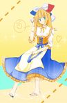  bad_id bad_pixiv_id barefoot blonde_hair blue_eyes dress facepaint gloves hair_ribbon highres kannazuki09 long_hair nail_art nail_polish orangina ribbon smile solo toenail_polish 