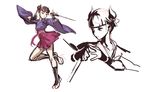  \m/ brown_hair concept_art fingerless_gloves gloves hair_ribbon japanese_clothes kazama_kotaro_(yatagarasu) kimono obi reverse_grip ribbon sash short_kimono short_sword short_twintails skirt socks sword tomoyuki_kotani twintails weapon wide_sleeves yatagarasu_(game) 