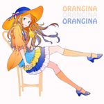  blue_eyes blue_hair bottle bow chair character_name dress drinking_straw earrings full_body hat hat_bow highres jewelry kamogawa_(kamogawa_sodachi) kneehighs leg_up long_hair multicolored_hair nail_polish open_mouth orange_hair orangina outstretched_leg personification sitting solo sun_hat two-tone_hair 