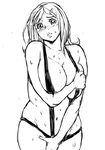  1girl 774ex breasts large_breasts monochrome simple_background solo swimsuit 