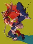  1girl boots clea magical_girl mahou_shoujo_madoka_magica polearm red_eyes red_hair sakura_kyouko skirt solo weapon 