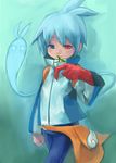  ahoge bag blue blue_background blue_eyes blue_hair bug ghost grasshopper heterochromia insect iwaya jacket male_focus pants puyopuyo puyopuyo_fever red_eyes sig_(puyopuyo) smile solo 