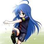  blue_hair green_eyes izumi_konata kicking long_hair lucky_star mizushima_(p201112) mole mole_under_eye soccer_uniform sportswear 