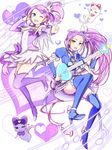  beamed_eighth_notes blue_choker blue_footwear boots choker crossover cure_beat cure_sword davi_(dokidoki!_precure) dokidoki!_precure eighth_note flat_sign guitar hair_ornament headset heart hummy_(suite_precure) instrument jewelry kenzaki_makoto kurokawa_eren long_hair love_guitar_rod magical_girl minatsuki_randoseru multiple_girls musical_note one_eye_closed ponytail precure purple purple_choker purple_eyes purple_footwear purple_hair purple_skirt quarter_note seiren_(suite_precure) side_ponytail sixteenth_note skirt smile spade_hair_ornament suite_precure thigh_boots thighhighs yellow_eyes 