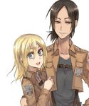  :d black_hair blonde_hair christa_renz emblem freckles hair_between_eyes jacket multiple_girls open_mouth paradis_military_uniform pepe_(jonasan) shingeki_no_kyojin smile training_corps_(emblem) white_background ymir_(shingeki_no_kyojin) 