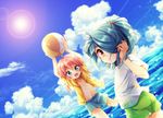  aichi_shiho arched_back bad_id bad_pixiv_id ball beachball blue_eyes blue_hair cloud crossover day dutch_angle hair_over_one_eye inazuma_eleven inazuma_eleven_(series) inazuma_eleven_go kazemaru_ichirouta kirino_ranmaru lens_flare long_hair looking_back male_focus multiple_boys navel open_clothes pink_hair ponytail shorts time_paradox twintails water 