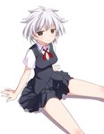  brown_eyes kosegawa_shiromi looking_at_viewer miyamori_school_uniform saki school_uniform short_hair simple_background sitting skirt solo umekichi uniform_vest white_hair 