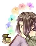  bad_id bad_pixiv_id bare_shoulders beamed_eighth_notes braid brown_hair eighth_note from_side hanekoto holding knees_to_chest music_box musical_note original smile solo 