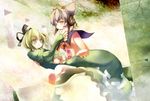  brown_eyes brown_hair earmuffs gengetsu_chihiro green_eyes green_hair hand_on_another's_cheek hand_on_another's_face hat highres multiple_girls ofuda soga_no_tojiko tate_eboshi touhou toyosatomimi_no_miko 