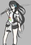  arceonn black_hair black_rock_shooter black_rock_shooter_(character) blue_eyes casual clothes_around_waist hair_ornament hairclip highres katana long_hair miniskirt off_shoulder over_shoulder pale_skin pleated_skirt simple_background sketch skirt solo sweater sweater_around_waist sword sword_over_shoulder twintails very_long_hair weapon weapon_over_shoulder 