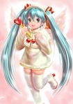  :d blue_eyes blue_hair boots hair_ribbon hat hatsune_miku long_hair moriichi open_mouth ribbon smile solo standing standing_on_one_leg thigh_boots thighhighs twintails vocaloid wand 