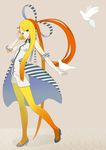  bad_id bad_pixiv_id bird blonde_hair bottle earrings full_body gloves green_eyes half-skirt high_heels highres hoop_earrings jewelry long_hair multicolored_hair orange_hair orangina pantyhose personification shoes simple_background solo tomioka_jirou two-tone_hair very_long_hair 