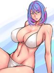  1girl bikini black_beat blue_hair breasts covered_nipples elf erect_nipples green_eyes huge_breasts multicolored_hair original pixiv_manga_sample pointy_ears purple_hair short_hair solo swimsuit two-tone_hair 