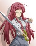  ahoge braid dress_shirt formal green_eyes hataraku_maou-sama! long_hair pencil_skirt red_hair shirt skirt skirt_suit solo suit sword weapon yoruusagi yusa_emi 