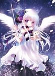  angel angel_wings bare_shoulders blue_eyes blue_flower blue_rose blush cross cuffs dress e~ji flower hair_flower hair_ornament jewelry long_hair looking_at_viewer necklace original purple_flower purple_rose ribbon rose solo staff wings wrist_cuffs 