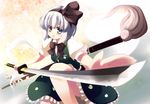  blue_eyes gengetsu_chihiro hair_ribbon katana konpaku_youmu konpaku_youmu_(ghost) ribbon short_hair silver_hair solo sword touhou weapon 