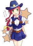  amitie_florian badge belt blush braid cowboy_hat cowboy_shot fringe_trim green_eyes gun hair_ribbon hat holding holster long_hair looking_at_viewer lyrical_nanoha mahou_shoujo_lyrical_nanoha mahou_shoujo_lyrical_nanoha_a's mahou_shoujo_lyrical_nanoha_a's_portable:_the_gears_of_destiny miniskirt open_mouth plate pleated_skirt red_hair ribbon shirt single_braid skirt smile solo standing star takana vest weapon western white_shirt 