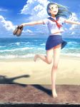  :d barefoot beach black_hair cloud day full_body happy holding holding_shoes legs loafers long_hair midriff mintol_(qool+) navel ocean open_mouth original outdoors outstretched_arms pleated_skirt school_uniform serafuku shoes shoes_removed skirt sky smile solo spread_arms standing standing_on_one_leg water yellow_eyes 