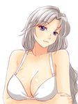  bad_id bad_pixiv_id blue_eyes bra breast_hold breasts cleavage collarbone crossed_arms highres holding_arm large_breasts long_hair silver_hair simple_background smile solo touhou underwear upper_body white_background white_bra x&amp;x&amp;x yagokoro_eirin 
