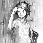  bag greyscale hs2 inazuma_eleven_(series) inazuma_eleven_go inazuma_eleven_go_galaxy lowres male_focus matatagi_hayato monochrome rain solo 