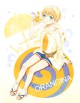  belt blonde_hair blue_eyes character_name drink drinking_straw high_heels legs looking_at_viewer nail_polish orange_blossoms orange_juice orangina sandals shoes short_hair shorts sitting smile solo toenail_polish 