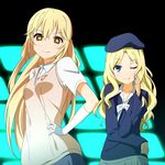  2girls ;) beret blonde_hair blue_eyes elbow_gloves frenda_seivelun gloves hand_on_hip hat igashiko long_hair looking_at_viewer multiple_girls one_eye_closed pleated_skirt school_uniform shokuhou_misaki short_sleeves skirt smile smirk sweater_vest symbol-shaped_pupils to_aru_kagaku_no_railgun to_aru_majutsu_no_index trait_connection white_gloves yellow_eyes 