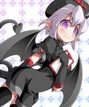 bangs bioroid_hei black_legwear blush clipboard commentary_request demon_girl demon_wings dutch_angle gloves grey_hair hat looking_at_viewer mon-musu_quest! monster_girl naccubus nurse pointy_ears purple_eyes shadow sidelocks smile solo succubus tail thighhighs white_hair wings 