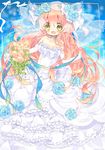  :d bad_id bad_pixiv_id blue_background blue_flower blue_rose bouquet bow dress flower gloves green_eyes highres jinrui_wa_suitai_shimashita large_bow long_hair looking_at_viewer messy_hair nekoto_rina open_mouth pink_hair plant rose smile strapless strapless_dress streamers veil watashi_(jintai) wedding_dress white_dress white_gloves 