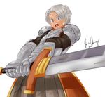  armor armored_dress braid bruise chris_lightfellow french_braid full_armor gauntlets gensou_suikoden gensou_suikoden_iii injury open_mouth pauldrons purple_eyes radlionheart shouting signature silver_hair solo sword weapon 