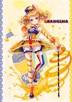  absurdres asymmetrical_clothes blush bottle cane dorris dress earrings food france fruit hair_ornament highres jewelry orange orange_eyes orange_hair orange_juice orange_peel orangina personification ribbon shoes single_thighhigh smile solo splashing symbol-shaped_pupils thighhighs wristband 