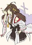  ahoge black_eyes blown_kiss blush braid breasts brown_hair detached_sleeves flat_color hair_ornament hand_on_hip heart japanese_clothes kantai_collection kongou_(kantai_collection) long_hair medium_breasts no_legs one_eye_closed shiba_itsuki smile solo 