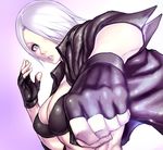  angel_(kof) breasts cleavage fingerless_gloves gloves hair_over_one_eye large_breasts lips punching purple_eyes sawao solo the_king_of_fighters white_hair 