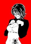  black_hair bra bug daisuke_(ilovetennis) expressionless glasses hunter_x_hunter looking_at_viewer monochrome navel red_background shizuku_(hunter_x_hunter) short_hair simple_background solo spider tattoo turtleneck underwear 