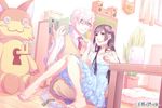  1girl bad_id bad_pixiv_id barefoot black_hair book braid couple cup dress feet glasses hetero indoors legs long_hair mug necktie original red_eyes sitting smile stuffed_animal stuffed_toy sumimoto_ryuu toenail_polish toes vest white_hair yellow_eyes 