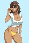  bikini breasts brown_eyes brown_hair cleavage dark_skin earrings food food_themed_earrings fruit highres jewelry kamezaemon kasshoku_kyonyuu_megane-san_(kamezaemon) large_breasts lips navel original parted_lips pineapple pineapple_earrings shiny shiny_skin shirt short_hair side-tie_bikini simple_background solo sunglasses swimsuit t-shirt taut_clothes taut_shirt thighs tied_shirt 