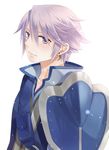  alternate_eye_color azur_(fire_emblem) blush earrings fire_emblem fire_emblem:_kakusei hair_between_eyes jewelry kiyuu lavender_eyes lavender_hair long_sleeves looking_at_viewer male_focus shield simple_background single_earring solo strap white_background 