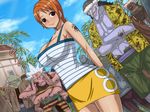  1girl arlong arms_behind_back bare_shoulders black_eyes blush breasts cleavage conomi_islands east_blue hatchan highres hips huge_breasts legs monster monster_boy multiple_boys nami nami_(one_piece) one_piece orange_hair pirate shirt short_hair skirt smile standing tattoo thighs white_hair 