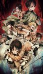  6+boys armin_arlert brown_hair cape christa_renz connie_springer emblem eren_yeager hange_zoe jacket jdjd0tmt jean_kirchstein levi_(shingeki_no_kyojin) long_hair mikasa_ackerman multiple_boys multiple_girls paradis_military_uniform reiner_braun sasha_braus shingeki_no_kyojin smile sword three-dimensional_maneuver_gear training_corps_(emblem) weapon 