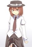  brown_eyes brown_hair bulge gradient gradient_background hair_between_eyes hat hat_ribbon implied_futanari long_sleeves necktie ribbon shirt short_hair sketch skirt solo tears tori_(minamopa) touhou under_skirt usami_renko wavy_mouth 