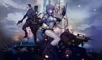  2boys batou blade boots breasts building city cloud cyberpunk cyborg ghost_in_the_shell gloves gun h&amp;k_mp5 hawooe_hahn heckler_&amp;_koch highres jacket kusanagi_motoko large_breasts mecha multiple_boys ponytail purple_hair saitou_(ghost_in_the_shell) science_fiction short_hair shotgun submachine_gun tachikoma usas-12 weapon white_hair 