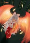  bamboo bamboo_forest bow fiery_wings forest fujiwara_no_mokou hair_bow hair_ribbon highres long_hair nature pants ribbon solo suspenders tenro touhou white_hair wings 