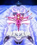  bodysuit cloud dress full_body highres long_hair long_sleeves machinery mecha mugen_no_ryvius neya_(mugen_no_ryvius) outstretched_arms pink_bodysuit pink_dress red_eyes sky solo star star_(sky) starry_background starry_sky uganda 