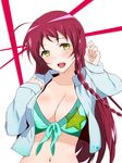  ahoge bikini blush braid breasts cleavage green_eyes hataraku_maou-sama! highres large_breasts long_hair long_sleeves midriff navel red_hair shiny shiny_skin shirt side_braid sironezumi125 smile solo swimsuit yusa_emi 