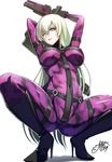  bad_id bad_pixiv_id black_footwear blonde_hair bodysuit boots cameltoe gun gunslinger_stratos high_heel_boots high_heels highres knee_boots long_hair olga_janetine one_eye_closed ookuma_(nitroplus) pink_bodysuit shoes simple_background skin_tight solo spread_legs squatting tongue tongue_out very_long_hair weapon 