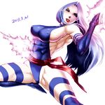  abs blue_eyes blue_leotard breasts covered_navel covered_nipples energy_blade glowing large_breasts leotard lips lipstick long_hair makeup marvel muscle muscular_female psylocke purple_hair sash sawao sideboob solo thighhighs thong_leotard x-men 