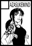  artist_name azasuke beretta_92 black_border black_lagoon border breasts cigarette circle_cut greyscale gun handgun holster large_breasts monochrome pistol ponytail revy_(black_lagoon) shoulder_holster sidelocks solo tank_top tattoo weapon 