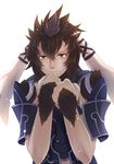  animal_ears armor arms_up black_hair brown_hair bunny_ears chambray clenched_teeth fire_emblem fire_emblem:_kakusei fur hair_between_eyes kiyuu male_focus markings multicolored_hair red_eyes scared shoulder_pads simple_background tears teeth two-tone_hair white_background 