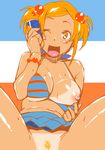  bad_id bad_pixiv_id bikini bikini_top blonde_hair blonde_pubic_hair breasts hair_bobbles hair_ornament large_breasts nipples ojo_(dfreak) one_eye_closed open_mouth orange_eyes orange_hair original pubic_hair smile solo striped striped_bikini sweat swimsuit tan tanline 