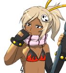  anti-materiel_rifle bikini_top black_eyes blonde_hair cosplay crossdressing fingerless_gloves gloves gouenji_shuuya gun inazuma_eleven inazuma_eleven_(series) long_hair male_focus ponytail rifle scarf sniper_rifle solo tengen_toppa_gurren_lagann weapon yoko_littner yoko_littner_(cosplay) 